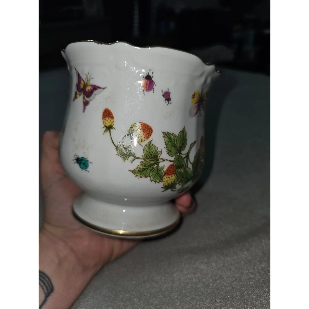 Vintage Ardalt Japan Lenwile China Strawberry Butterfly Beetle Vase  Gold Rim